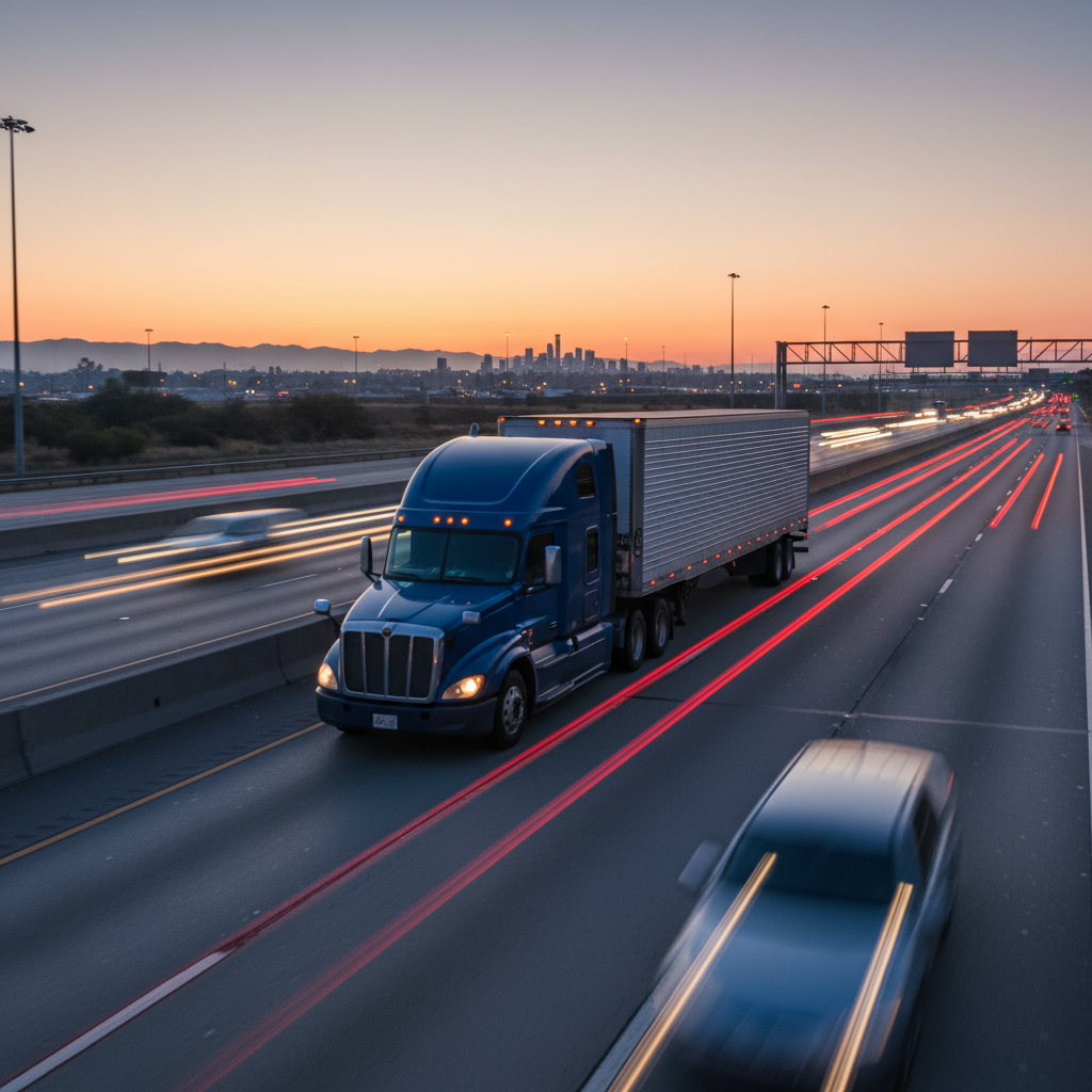 Firefly_semi truck with trailer driving on the interstate no logos or company names 32905